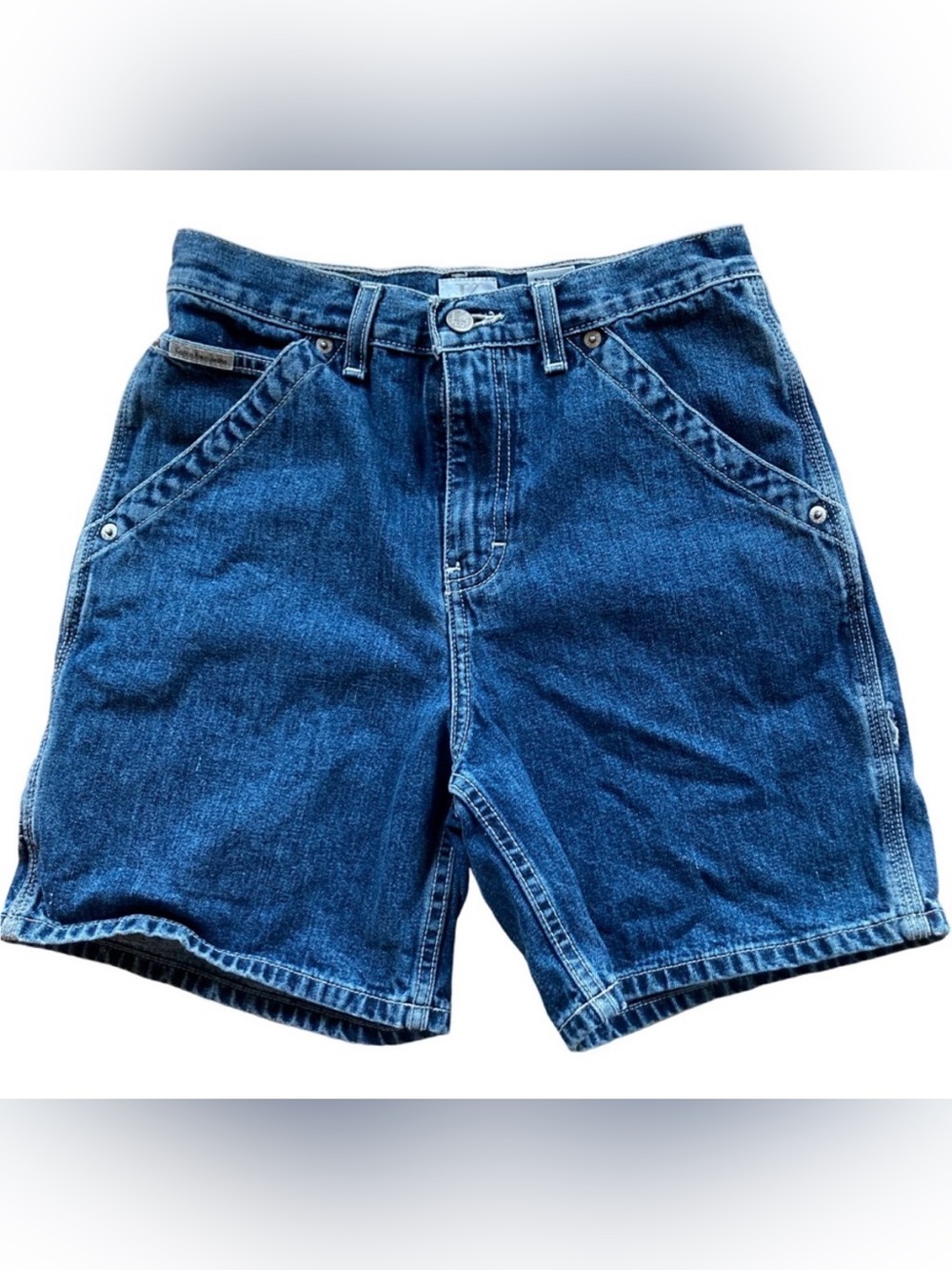 Calvin Klein High Waist Jean Carpenter Shorts Jorts Taping Dark Stone Wash